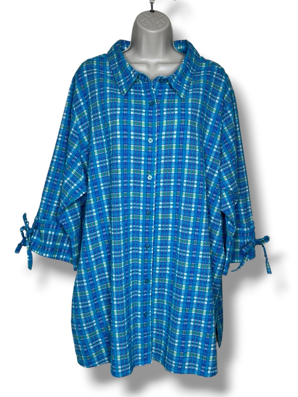 Mainstreet Blues 3X Seersucker Plaid Top 100% Cotton Blue Green Turquoise Tunic